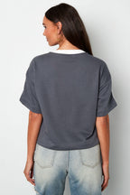 Gebreide Katoen Vrouwen V-hals T-shirt Sportief Kleurcontrast