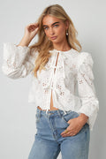 Cotton Woven Vrouwen Lange Mouw Top Casual Cutout