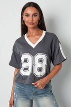 Gebreide Katoen Vrouwen V-hals T-shirt Sportief Kleurcontrast